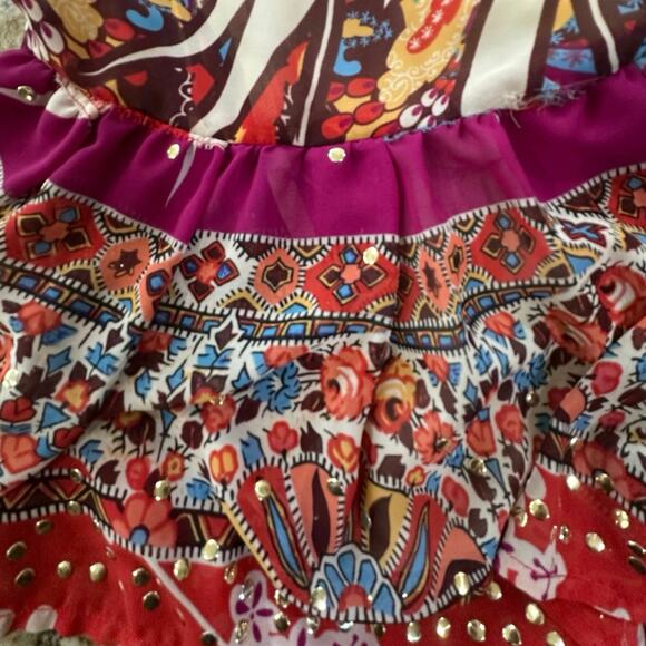 Cache BOHO Tiered Gypsy Festival Colorful Beaded Smock Waist Midi Skirt SZ Large - Picture 6 of 14